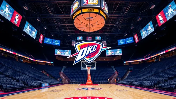 Quadra de basquete iluminada com torcida ao fundo representando o Thunder