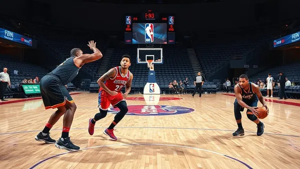 Quadra de basquete da NBA vista de cima com jogadores em posições defensivas
