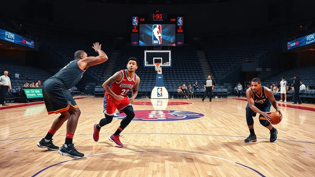 Quadra de basquete da NBA vista de cima com jogadores em posições defensivas