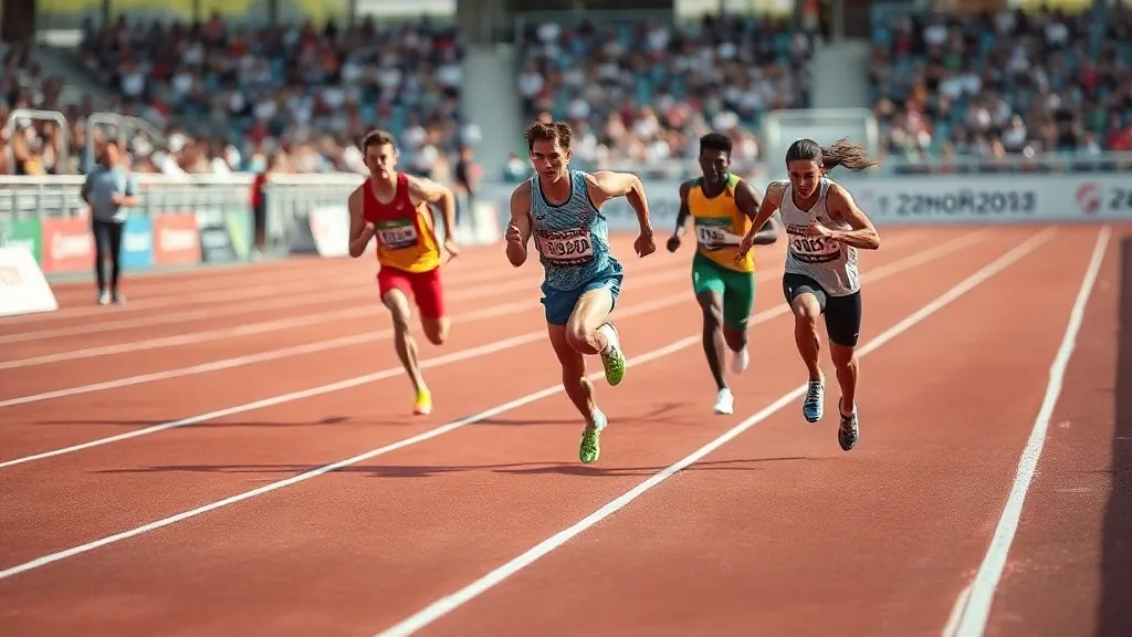 Atletas em corrida de 800m olímpico em pista de atletismo com arquibancadas ao fundo