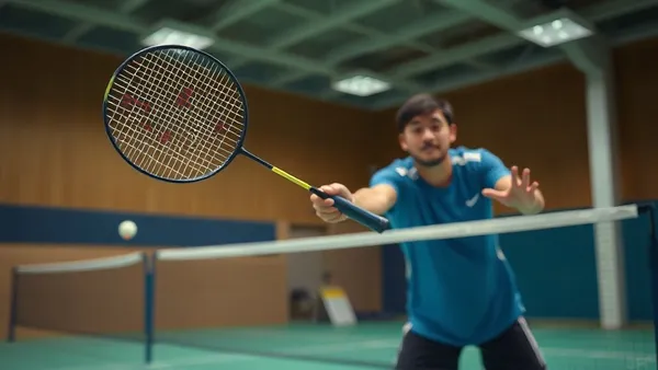 Jogador de badminton executando um smash com a peteca em quadra coberta durante competição