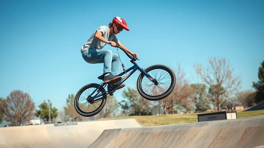 Atleta de BMX freestyle no ar executando manobra durante prova de park olímpica