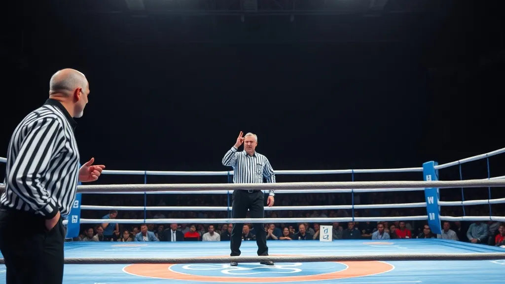 Árbitro e dois boxeadores em ringue durante luta de boxe olímpico, sob holofotes de arena
