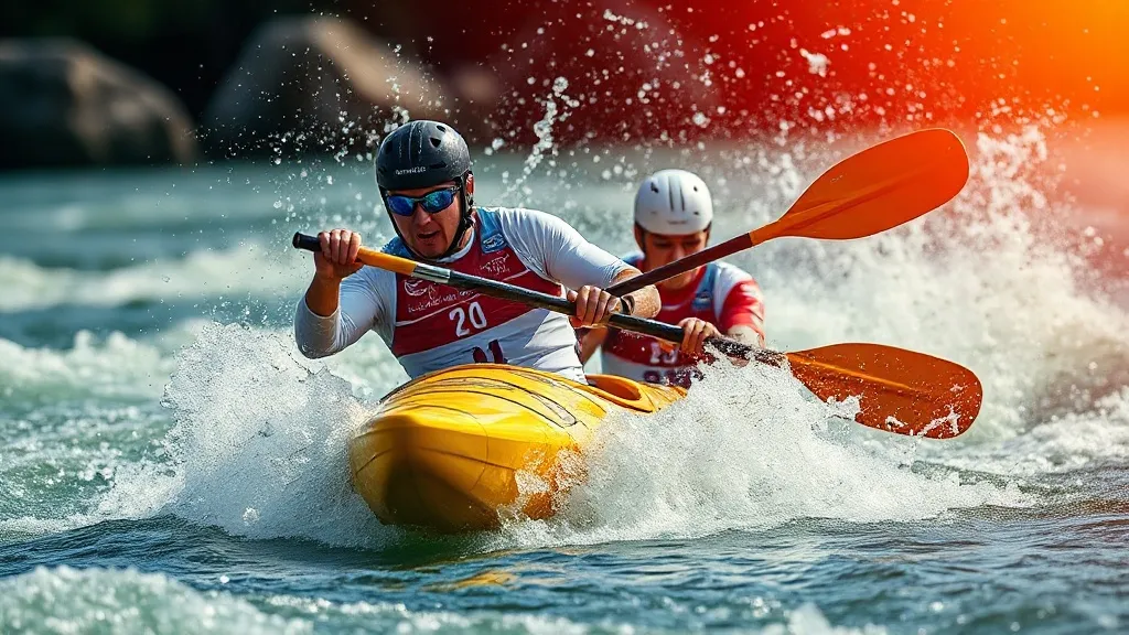 Atleta de canoagem slalom navegando em corredeira olímpica com portões coloridos suspensos sobre a água