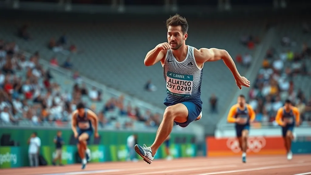 Atleta em posição de arremesso durante prova combinada de decatlo em estádio olímpico
