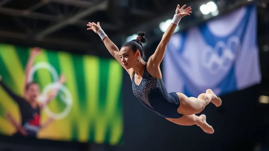 Ginasta em posição de voo durante exercício de solo em competição olímpica de ginástica artística