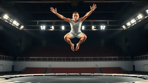 Atleta de ginástica de trampolim em voo alto executando salto acrobático em competição olímpica