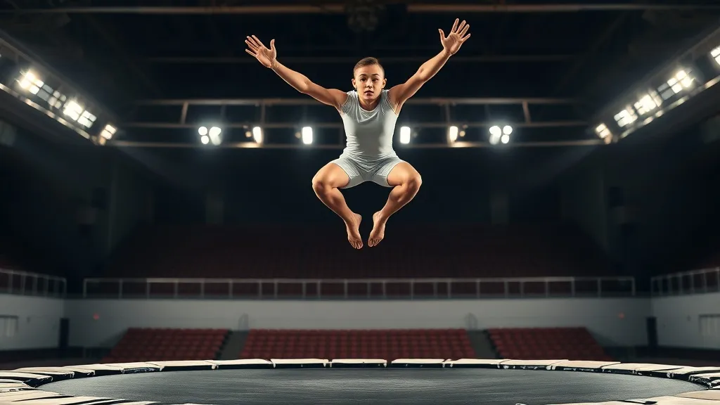 Atleta de ginástica de trampolim em voo alto executando salto acrobático em competição olímpica