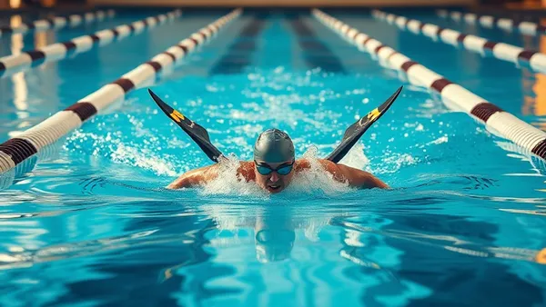 Nadador em raias de competição durante prova de borboleta em piscina coberta