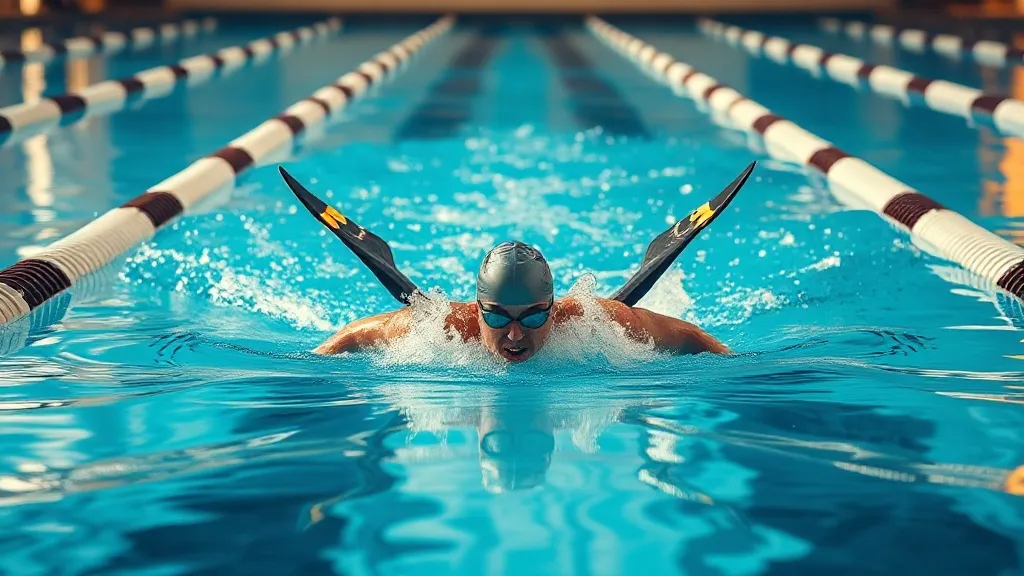 Nadador em raias de competição durante prova de borboleta em piscina coberta