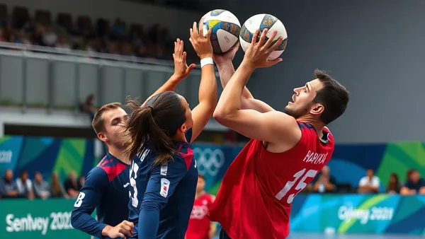 Jogadora de handebol arremessando a bola em direção ao gol durante partida em quadra coberta
