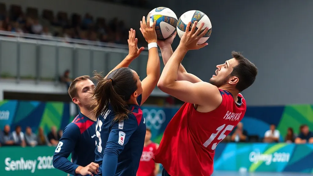 Jogadora de handebol arremessando a bola em direção ao gol durante partida em quadra coberta