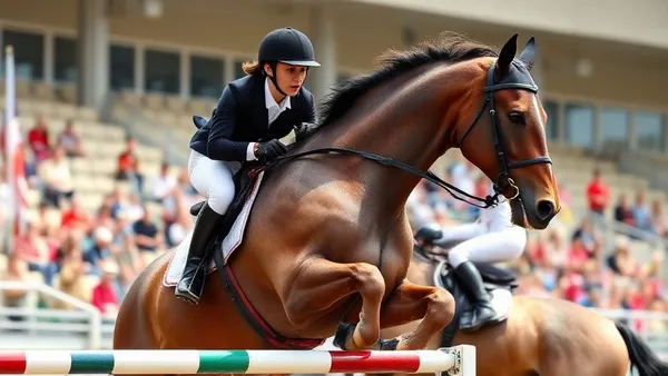 Cavaleiro em competição de salto hípico olímpico transpondo obstáculo em pista de treino