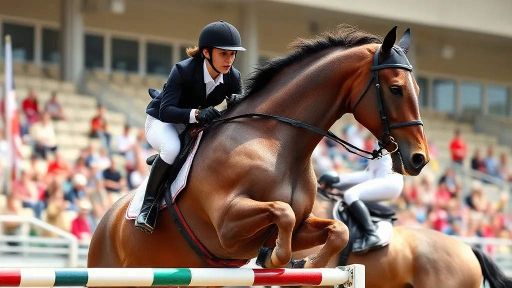 Cavaleiro em competição de salto hípico olímpico transpondo obstáculo em pista de treino