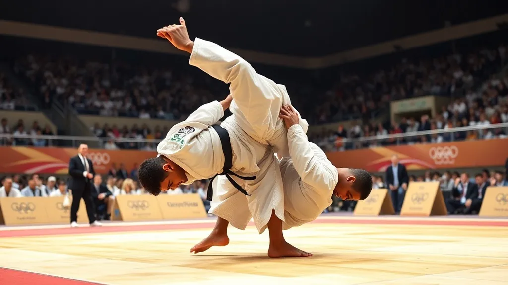 Judocas em tatame de competição olímpica durante disputa de ippon em arena olímpica