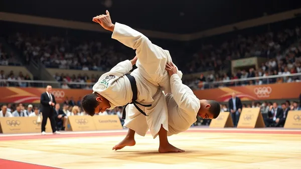 Judocas em tatame de competição olímpica durante disputa de ippon em arena olímpica