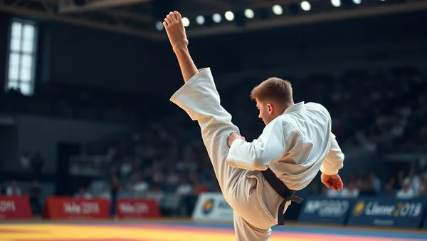 Dois judocas em combate olímpico durante competição internacional, com árbitro ao fundo