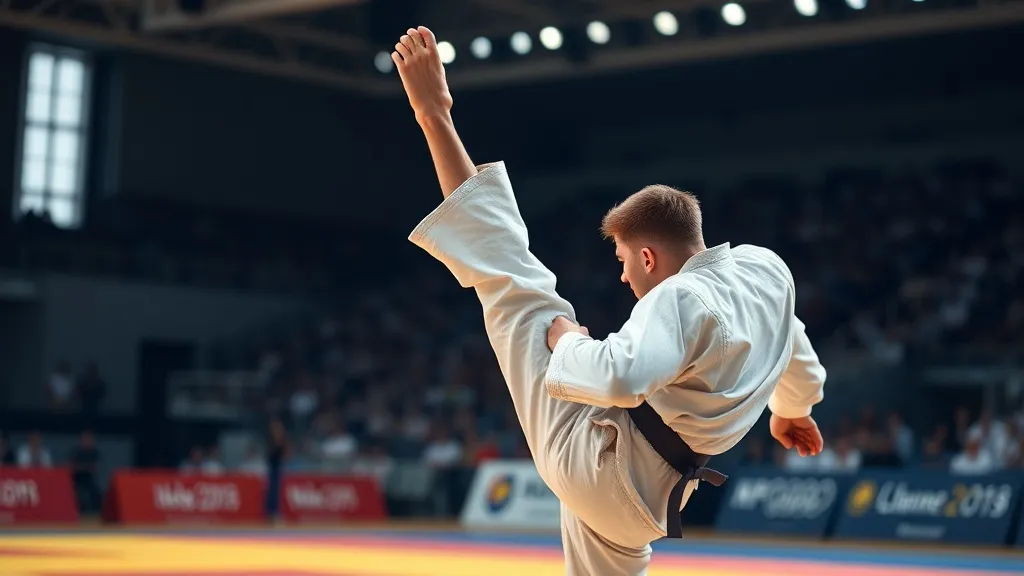 Dois judocas em combate olímpico durante competição internacional, com árbitro ao fundo