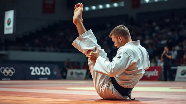 Dois judocas em combate olímpico durante competição internacional, com árbitro ao fundo