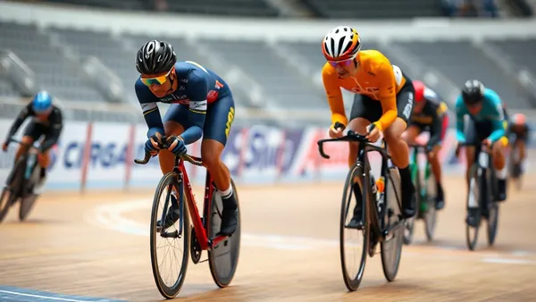 Ciclistas de pista em sprint final dentro de velódromo durante prova de keirin, inclinados na curva
