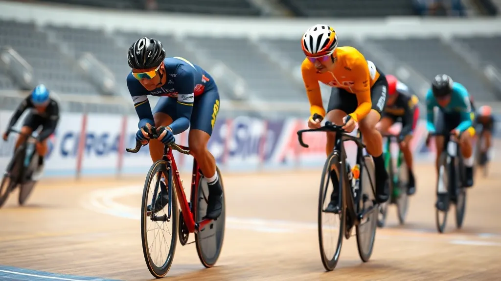 Ciclistas de pista em sprint final dentro de velódromo durante prova de keirin, inclinados na curva