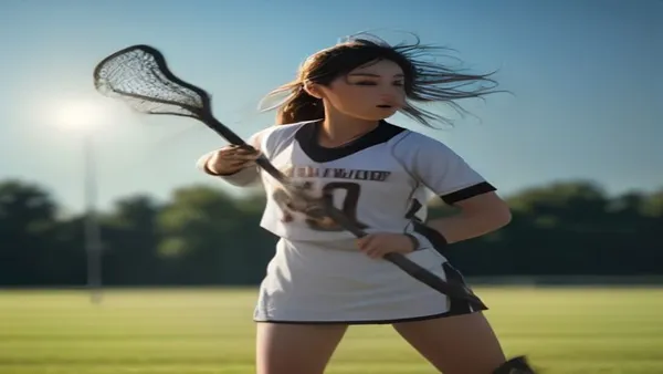 Jogadora de lacrosse em movimento durante partida, segurando o stick com a rede