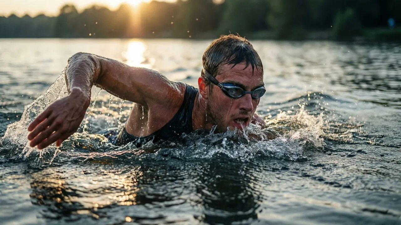 Nadadora de maratona aquática competindo em águas abertas ao amanhecer