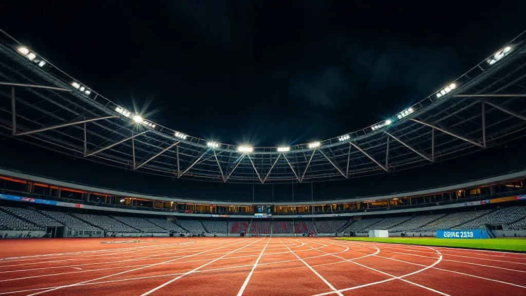 Estádio olímpico iluminado à noite com pista de atletismo e arquibancadas lotadas durante competição