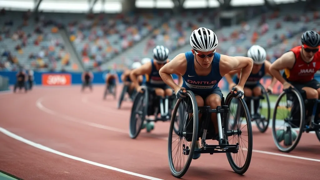 Atleta paralímpico em cadeira de corrida durante prova de atletismo em pista coberta