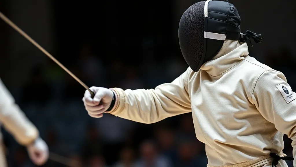 Atleta de pentatlo moderno em duelo de esgrima durante competição olímpica