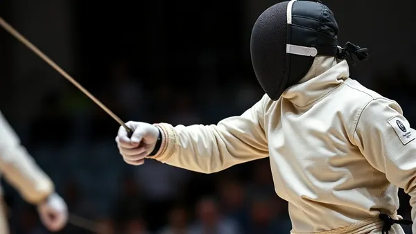 Atleta de pentatlo moderno em duelo de esgrima durante competição olímpica