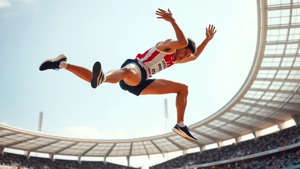Atleta de salto em altura em pleno voo sobre o sarrafo usando a técnica Fosbury Flop em competição olímpica