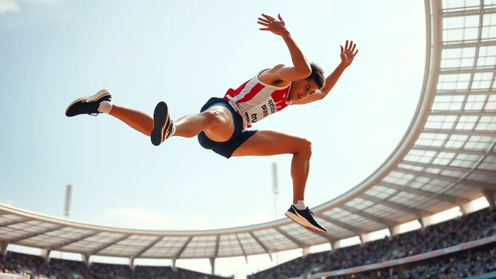 Atleta de salto em altura em pleno voo sobre o sarrafo usando a técnica Fosbury Flop em competição olímpica