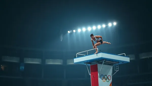 Atleta de salto ornamental em posição de voo durante prova olímpica na plataforma de 10 metros