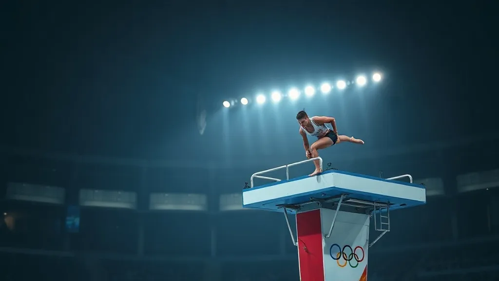 Atleta de salto ornamental em posição de voo durante prova olímpica na plataforma de 10 metros
