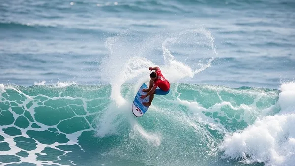 Surfista executando manobra aérea em onda grande durante competição olímpica