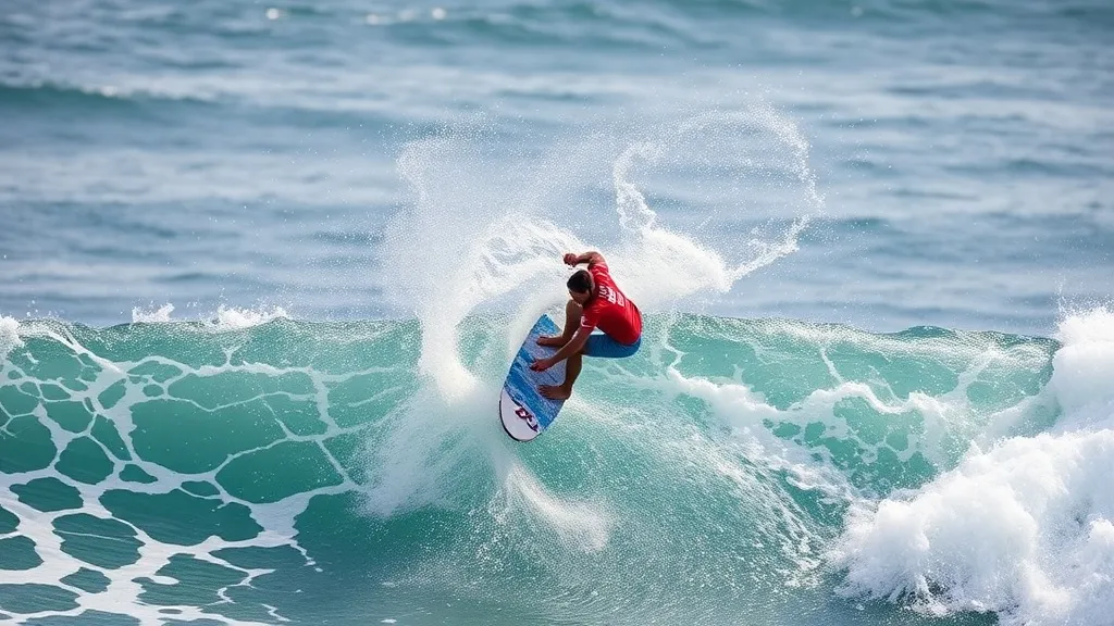 Surfista executando manobra aérea em onda grande durante competição olímpica