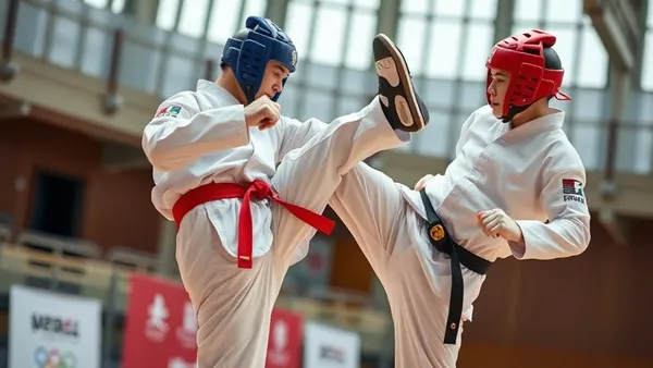 Atleta de taekwondo executando chute alto em competição olímpica
