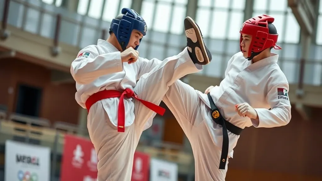 Atleta de taekwondo executando chute alto em competição olímpica