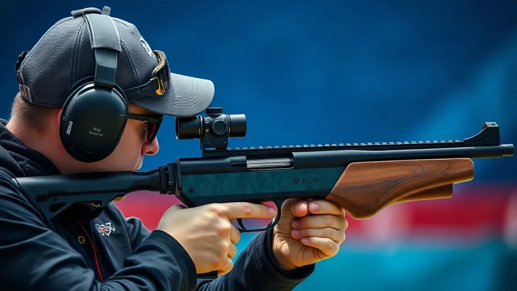 Atleta de tiro esportivo em posição de tiro com rifle de ar em competição olímpica