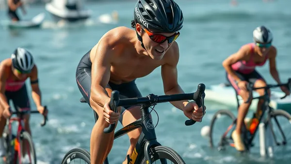 Atleta de triatlo olímpico em transição entre ciclismo e corrida durante prova em circuito urbano