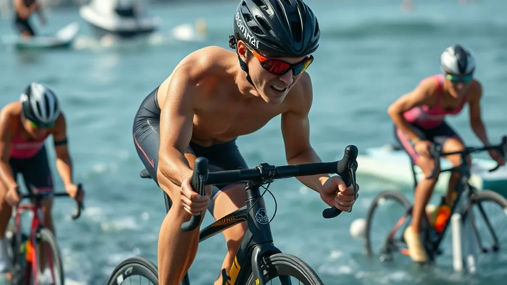 Atleta de triatlo olímpico em transição entre ciclismo e corrida durante prova em circuito urbano
