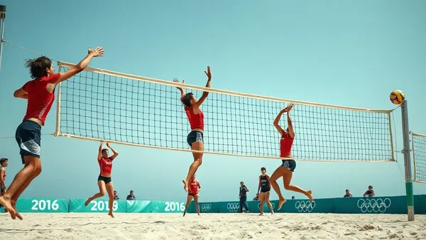 Dupla de vôlei de praia pulando na rede durante competição olímpica em quadra de areia ao ar livre