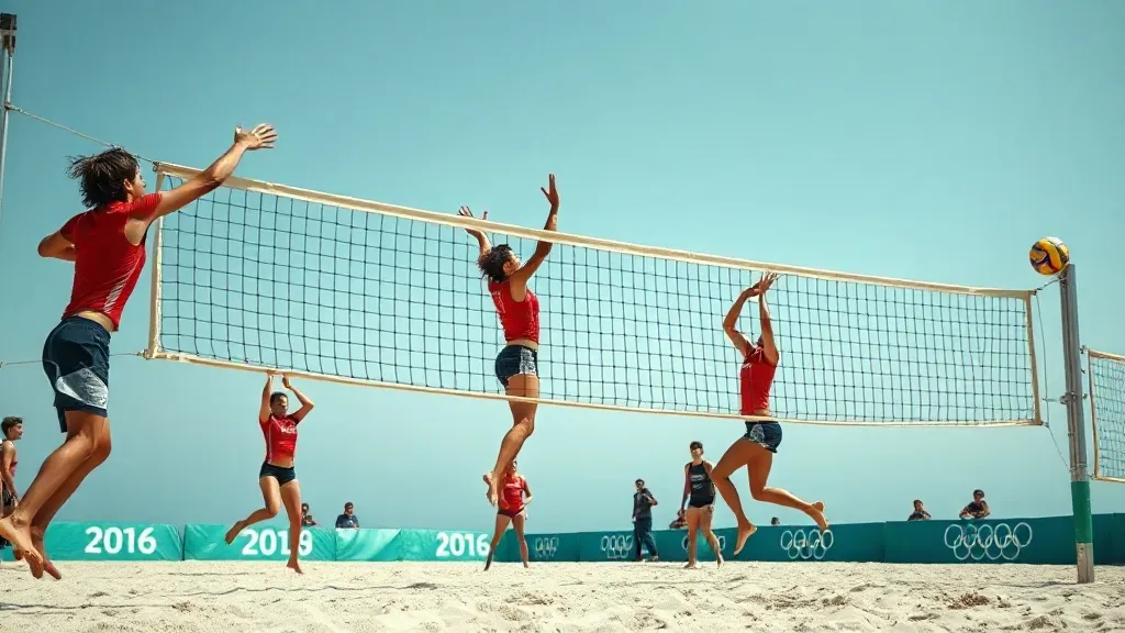 Dupla de vôlei de praia pulando na rede durante competição olímpica em quadra de areia ao ar livre