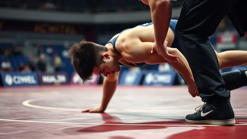 Atleta de wrestling em posição de combate sobre tatame azul em arena de competição olímpica