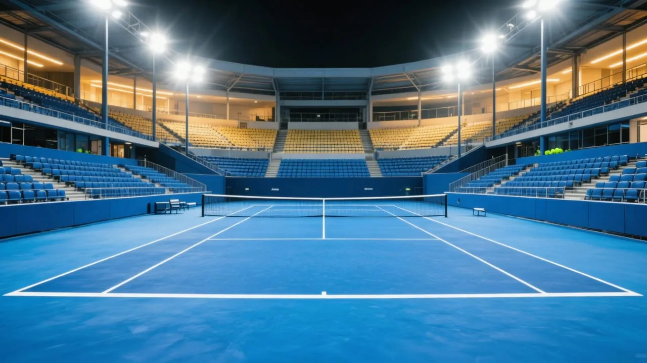 Quadra dura coberta vazia sob iluminação de arena, pronta para uma partida de tênis