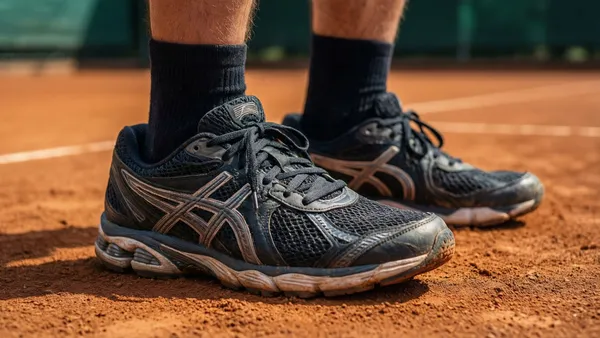 Par de tênis de quadra apoiado sobre o saibro vermelho antes do treino