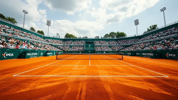 Quadra de saibro vermelho vista de cima com dois jogadores em posição de troca de bolas, ilustrando o circuito profissional de tênis