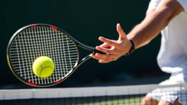 Tenista em posição de saque concentrado com expressão de tensão em quadra de Grand Slam