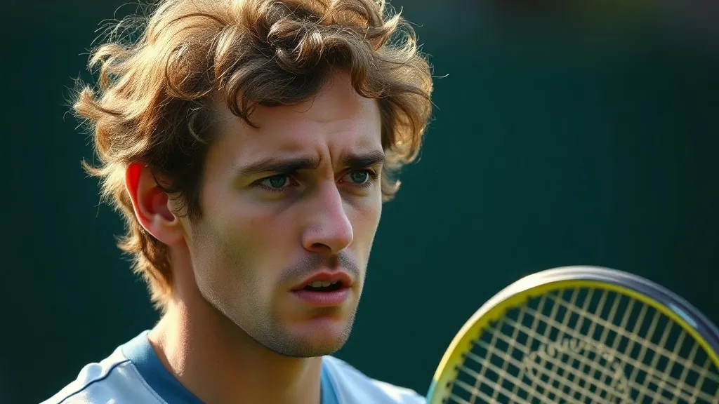 Tenista cabisbaixo após perder partida em quadra de Grand Slam, com estádio ao fundo